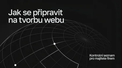 Nápis „Jak se připravit na tvorbu webu — kontrolní seznam pro majitele firem“ na tmavém pozadí s obrysovou sítí glóbu