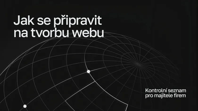 Nápis „Jak se připravit na tvorbu webu — kontrolní seznam pro majitele firem“ na tmavém pozadí s obrysovou sítí glóbu