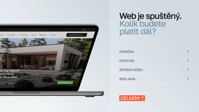 Notebook s webem a nápis „Web je spuštěný. Kolik budete platit dál?“ se seznamem: doména, hosting, správa webu, reklama — celkem: ?