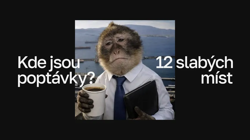Smutná opice v košili a kravatě s kávou a složkou, nápis „Kde jsou poptávky? 12 slabých míst“ na černém pozadí