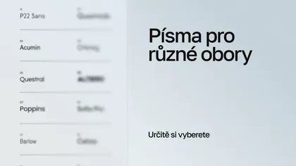 Seznam názvů písem a nápis „Písma pro různé obory. Určitě si vyberete“