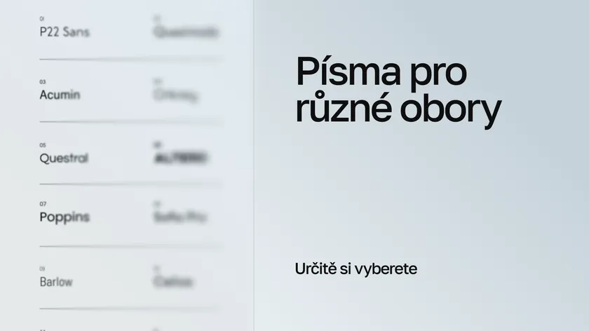 Seznam názvů písem a nápis „Písma pro různé obory. Určitě si vyberete“