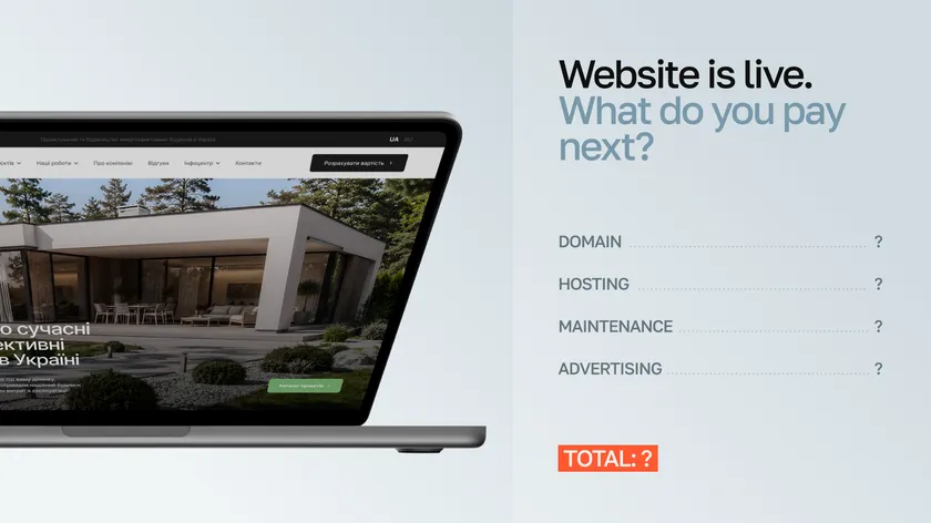 A laptop with a website and the headline “Website is live. What do you pay next?” with a list: domain, hosting, maintenance, advertising — total: ?