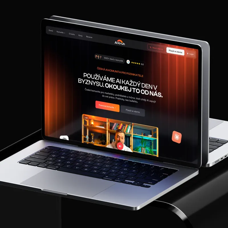 AI Kruh website on a laptop: “Používáme AI každý den v byznysu. Okoukej to od nás.”
