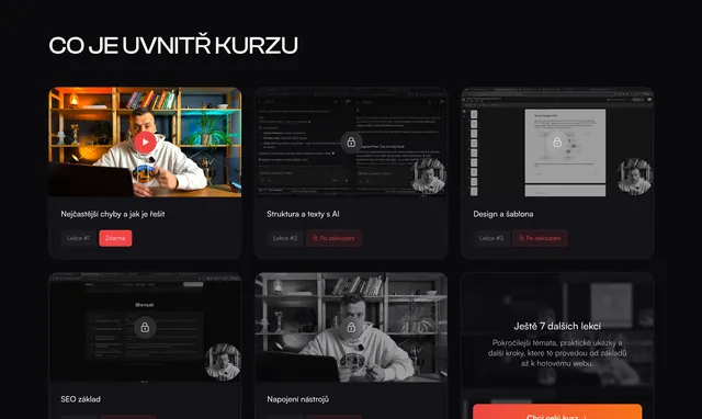 Section “Co je uvnitř kurzu” with course lessons