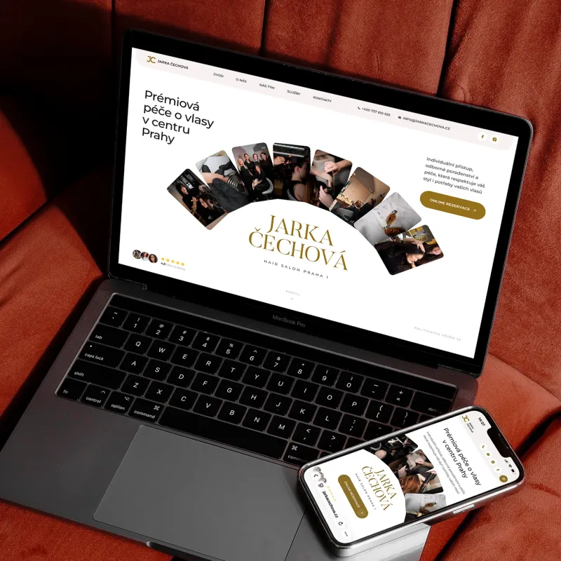 Jarka Čechová beauty salon website on a laptop and a smartphone: “Prémiová péče o vlasy v centru Prahy”