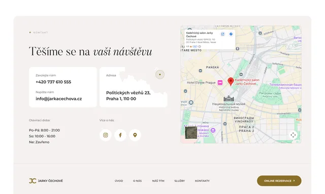 Contacts section “Těšíme se na vaši návštěvu” with a map of Prague