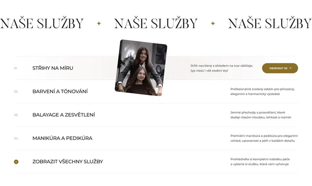 List of salon services with photos and a booking button