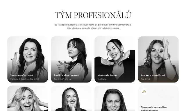 Section “Tým profesionálů” with stylists’ photos