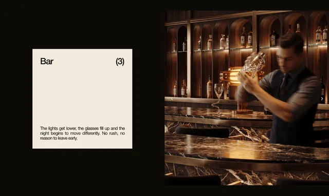 “Atmosphere” slider: the restaurant bar with a bartender making a cocktail