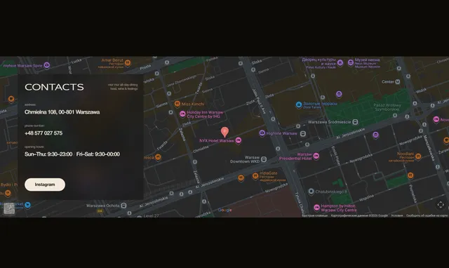 Contacts section with a map of Warsaw, address and opening hours