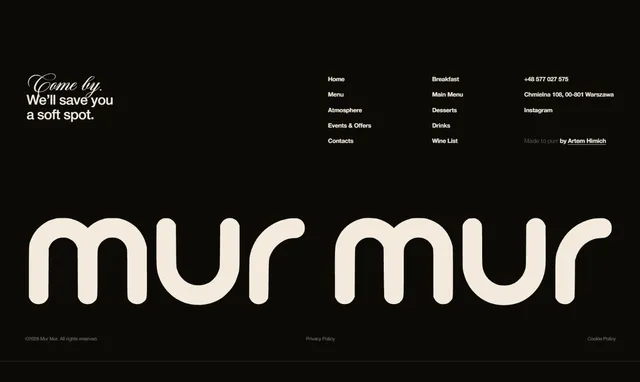 Website footer with a large MUR MUR logo
