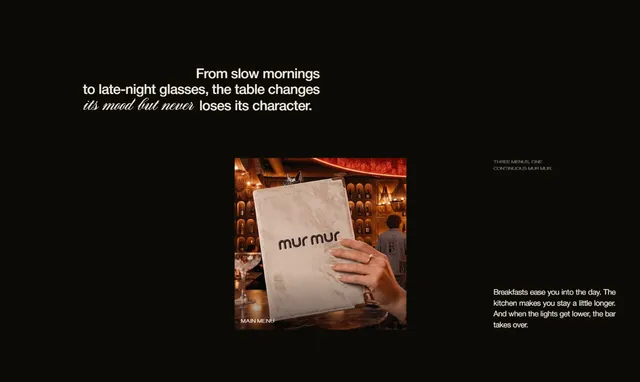 Restaurant menu section with a guest holding the MUR MUR menu