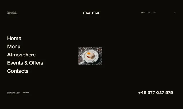 Full-screen navigation menu of the MUR MUR landing page