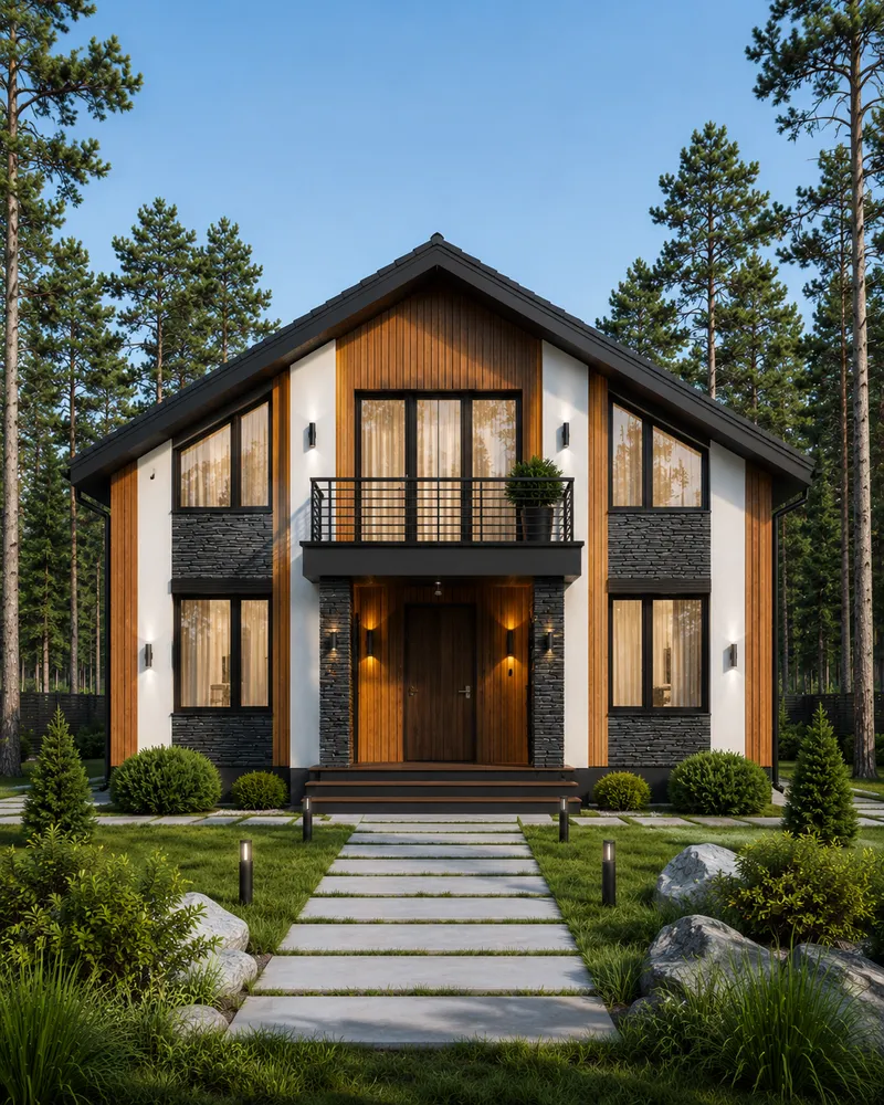 A modern two-storey house with wood and stone on the facade in a pine forest
