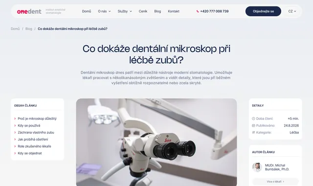 Blog article about the dental microscope with a table of contents and author