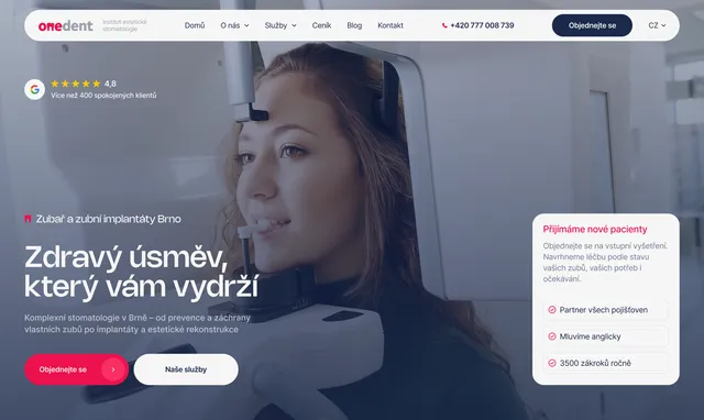 ONEDENT home page: “Zdravý úsměv, který vám vydrží”