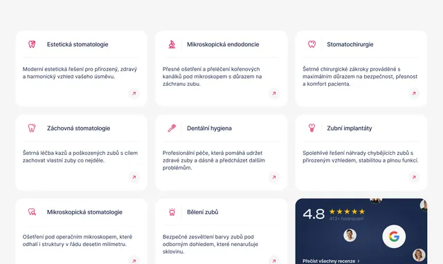 Clinic services catalogue with a Google rating widget