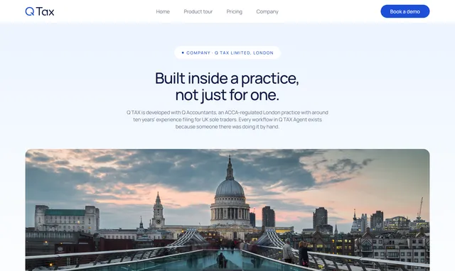 Company page “Built inside a practice, not just for one” with a photo of London