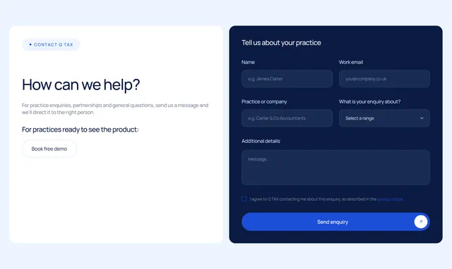 Contact page with the form “Tell us about your practice”