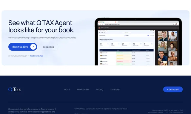 Demo booking call to action and the Q TAX website footer