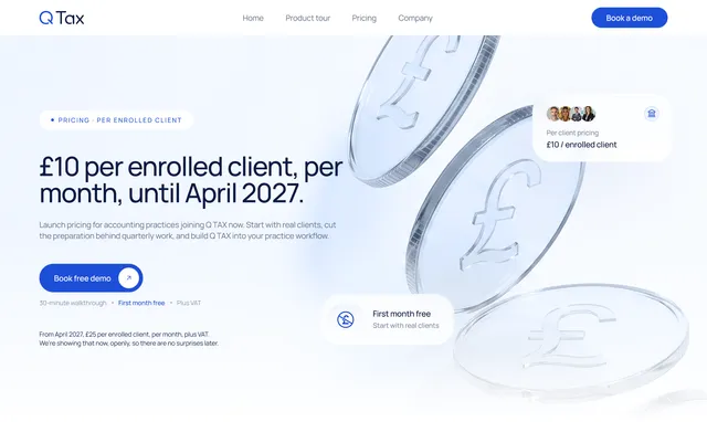 Pricing page: £10 per client per month until April 2027