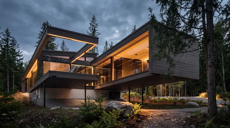 A modern wooden house with panoramic glazing and warm lighting in a coniferous forest
