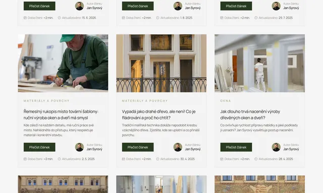 Blog page with articles about wooden windows