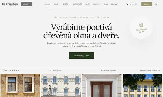 Trustav website first screen: “Vyrábíme poctivá dřevěná okna a dveře”