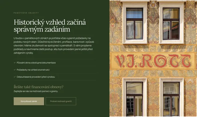 Section “Historický vzhled začíná správným zadáním” on a green background