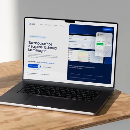 Multi-page website of the Q TAX fintech service on a laptop