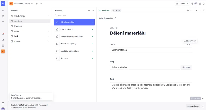 An admin panel for editing website content