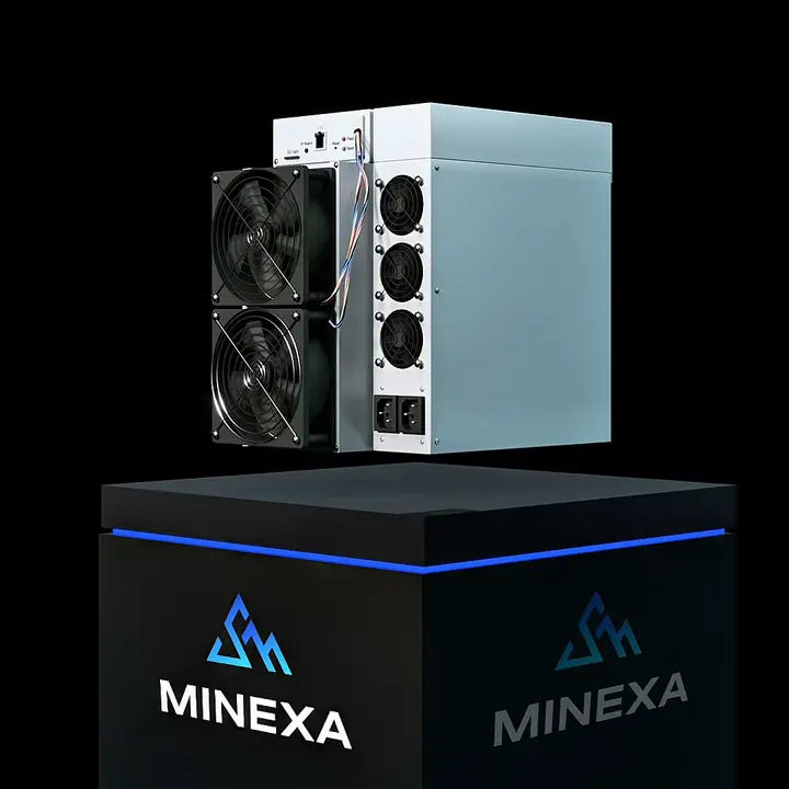 ASIC miner on a podium with the MINEXA logo